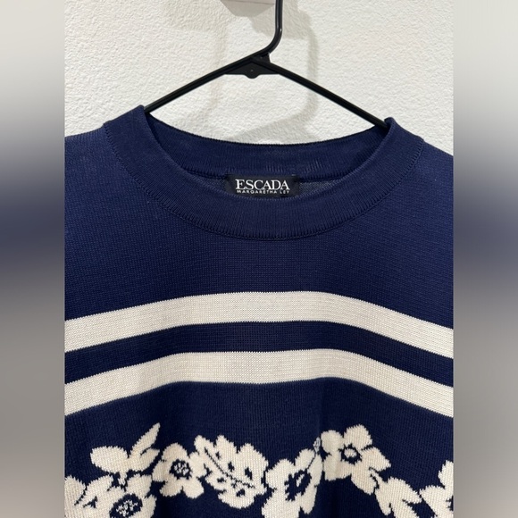 Vintage Escada by Margaretha Ley Navy Blue White Striped Floral Sweater Size 38 - Picture 4 of 16